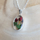 Kette mit ovalem Anhänger, Rose, Silberschmuck (.925er), 45cm, mit echter Blüte/Blume, Harz