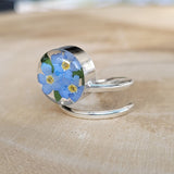 Ring rund, Vergissmeinnicht, Silberring (.925er) Ring verstellbar, mit echter Blüte, Harz