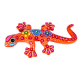 Wunderschöne Talavera Eidechse - Gecko aus handbemaltem Ton von indigenen Kunsthandwerkern aus Nayarit Farbe: orange, Schwanz rechts