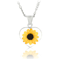 Kette mit herzförmigen Anhänger, Sonnenblume, Silberschmuck (.925er), 45cm, mit echter Blüte/Blume, Harz