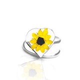 Ring herzförmig, Sonnenblume, Silberring (.925er) Ring verstellbar, mit echter Blüte, Harz