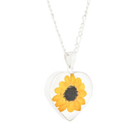 Kette mit herzförmigen Anhänger, Sonnenblume, Silberschmuck (.925er), 45cm, mit echter Blüte/Blume, Harz