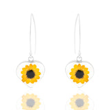 Ohrringe mit herzförmigem Anhänger, Sonnenblume, Silberschmuck (.925er), mit echter Blüte/Blume, Harz