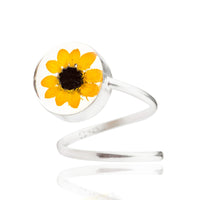 Ring rund, Sonnenblume, Silberring (.925er) Ring verstellbar, mit echter Blüte, Harz