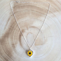 Kette mit herzförmigen Anhänger, Sonnenblume, Silberschmuck (.925er), 45cm, mit echter Blüte/Blume, Harz